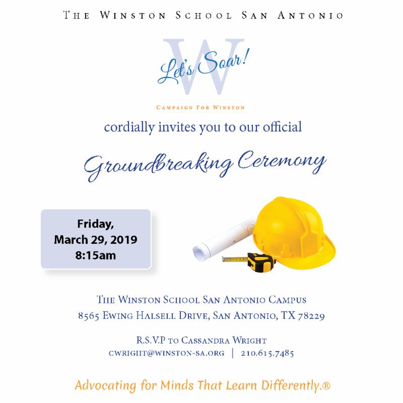 Flyer for the Groundbreaking at The Winston School on March 29, 2019