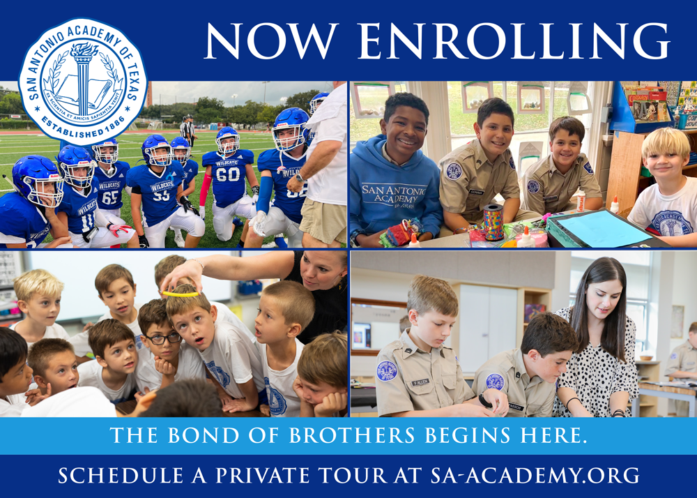 A banner for San Antonio Academy of Texas saying "Now Enrolling" with a grid of pictures showing students at the school.